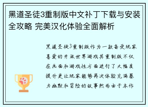 黑道圣徒3重制版中文补丁下载与安装全攻略 完美汉化体验全面解析